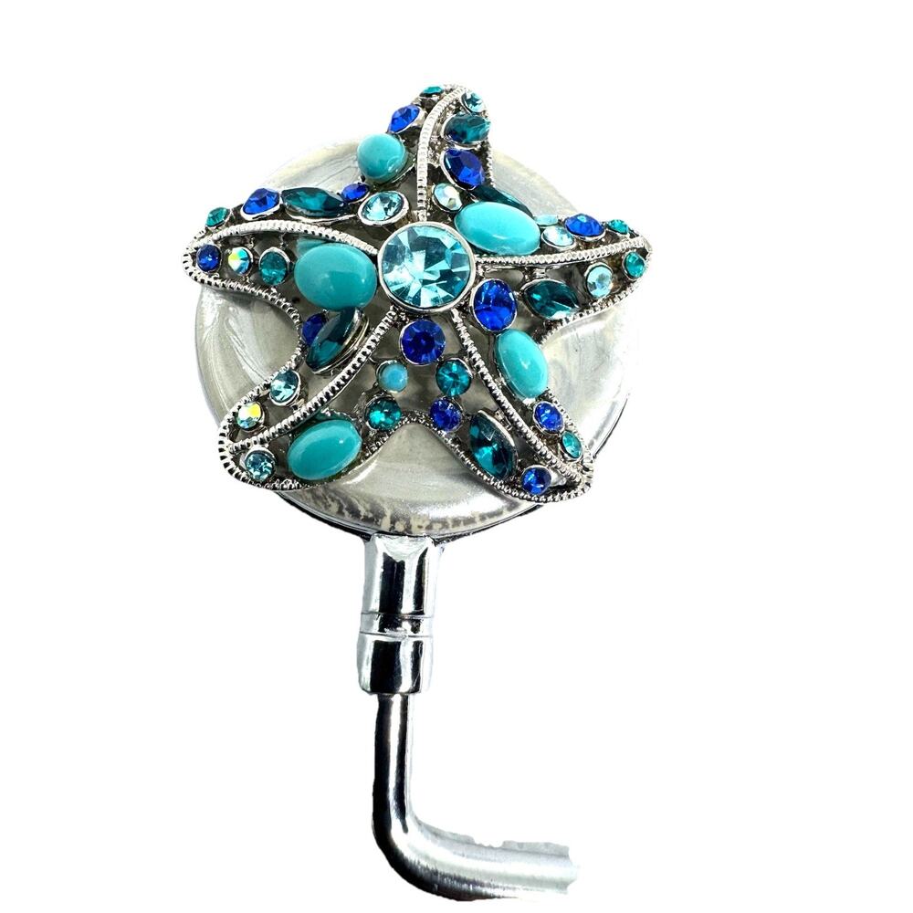 BLING STARFISH PURSE BAG HOOK HOLDER BLUE TURQUOISE FOLDING HANDBAG TABLE HANGER